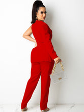 Zweiteiliger One-Shoulder-Langarm-Blazer-Hosenanzug mit Gürtel